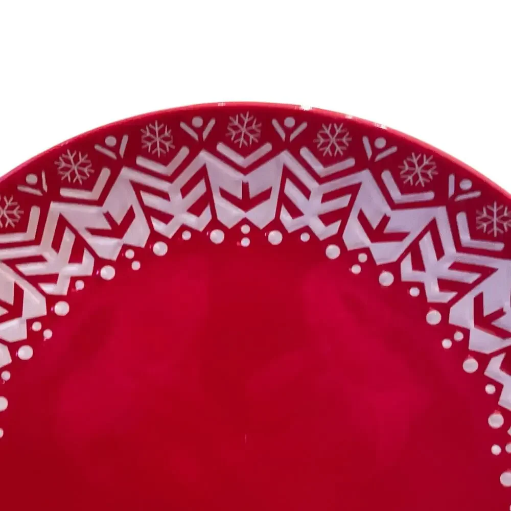 Holiday Red & White Melamine 11in Dinner Plates Set of 4 Christmas Snow New